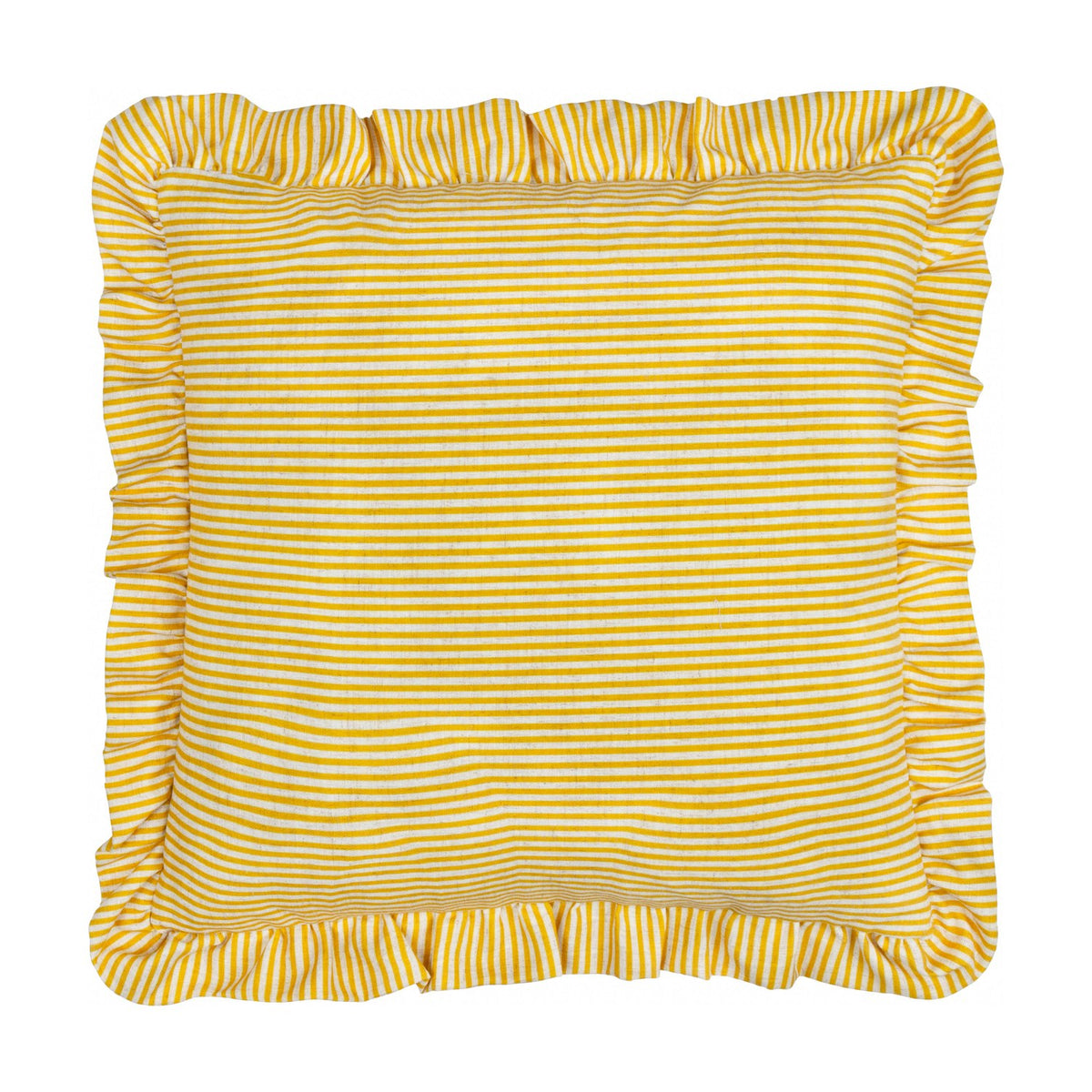 Square Martha linen cushion with yellow-and-cream stripes and a ruffled edge trim, shown on a plain white background.