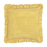 Square Martha linen cushion with yellow-and-cream stripes and a ruffled edge trim, shown on a plain white background.