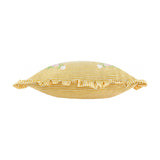 Martha Floral Linen Cushion in yellow-and-cream stripe with ruffled edge trim and pink floral embroidery, shown side-on on a plain white background.