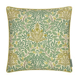 Square scatter cushion in the Multi Acorn Woodland design, featuring a sage green branch, leaf and acorn pattern on a cream ground with matching piped edges, shown on a white background.