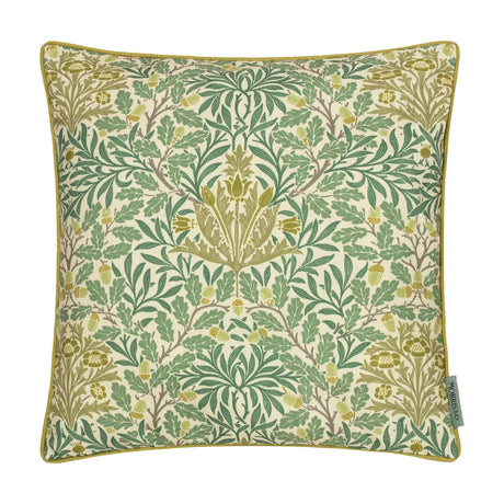 Square scatter cushion in the Multi Acorn Woodland design, featuring a sage green branch, leaf and acorn pattern on a cream ground with matching piped edges, shown on a white background.