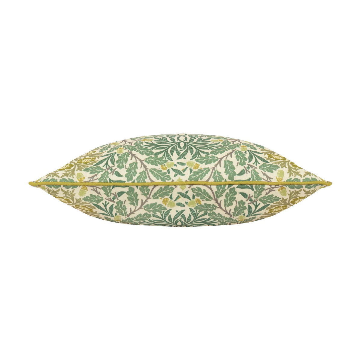 Multi Acorn Woodland polyester cushion in sage and stone green on cream, shown edge-on with acorn and leaf print and matching piping, on a plain white background.