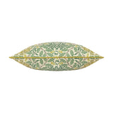 Multi Acorn Woodland polyester cushion in sage and stone green on cream, shown edge-on with acorn and leaf print and matching piping, on a plain white background.
