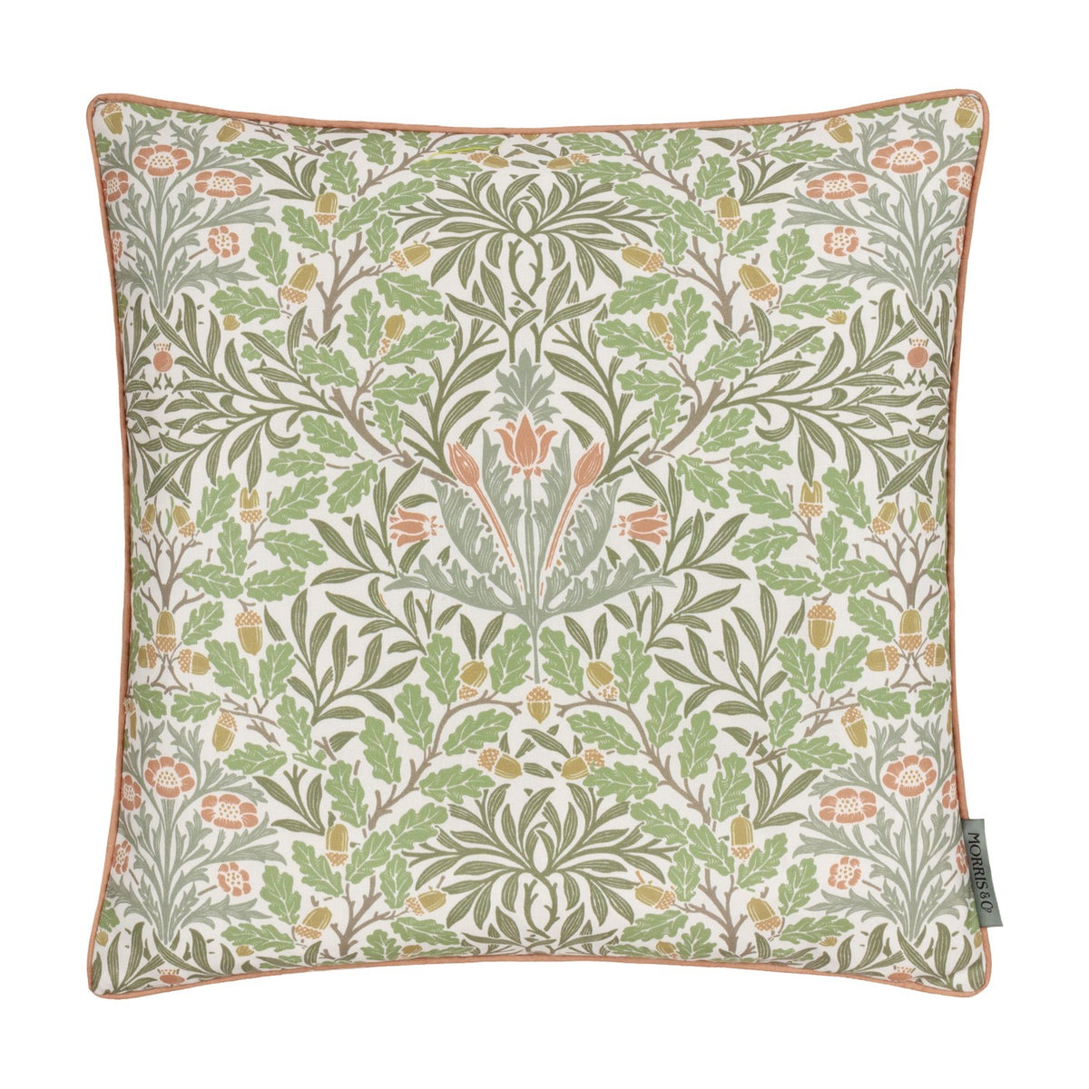Square polyester cushion in the Multi Acorn Woodland print with oak leaves, acorns and flowers in sage, olive, terracotta and mustard on cream, finished with caramel piping.