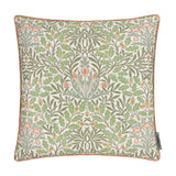 Square polyester cushion in the Multi Acorn Woodland print with oak leaves, acorns and flowers in sage, olive, terracotta and mustard on cream, finished with caramel piping.
