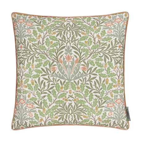 Square polyester cushion in the Multi Acorn Woodland print with oak leaves, acorns and flowers in sage, olive, terracotta and mustard on cream, finished with caramel piping.