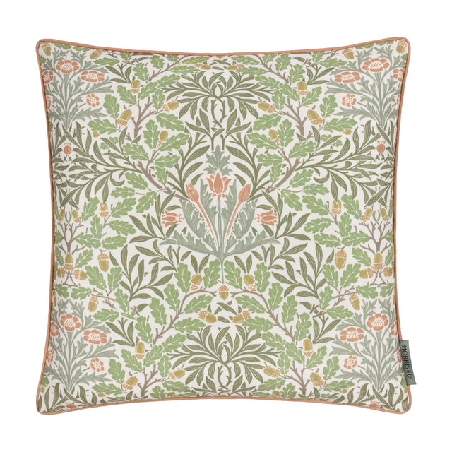 Square polyester cushion in the Multi Acorn Woodland print with oak leaves, acorns and flowers in sage, olive, terracotta and mustard on cream, finished with caramel piping.