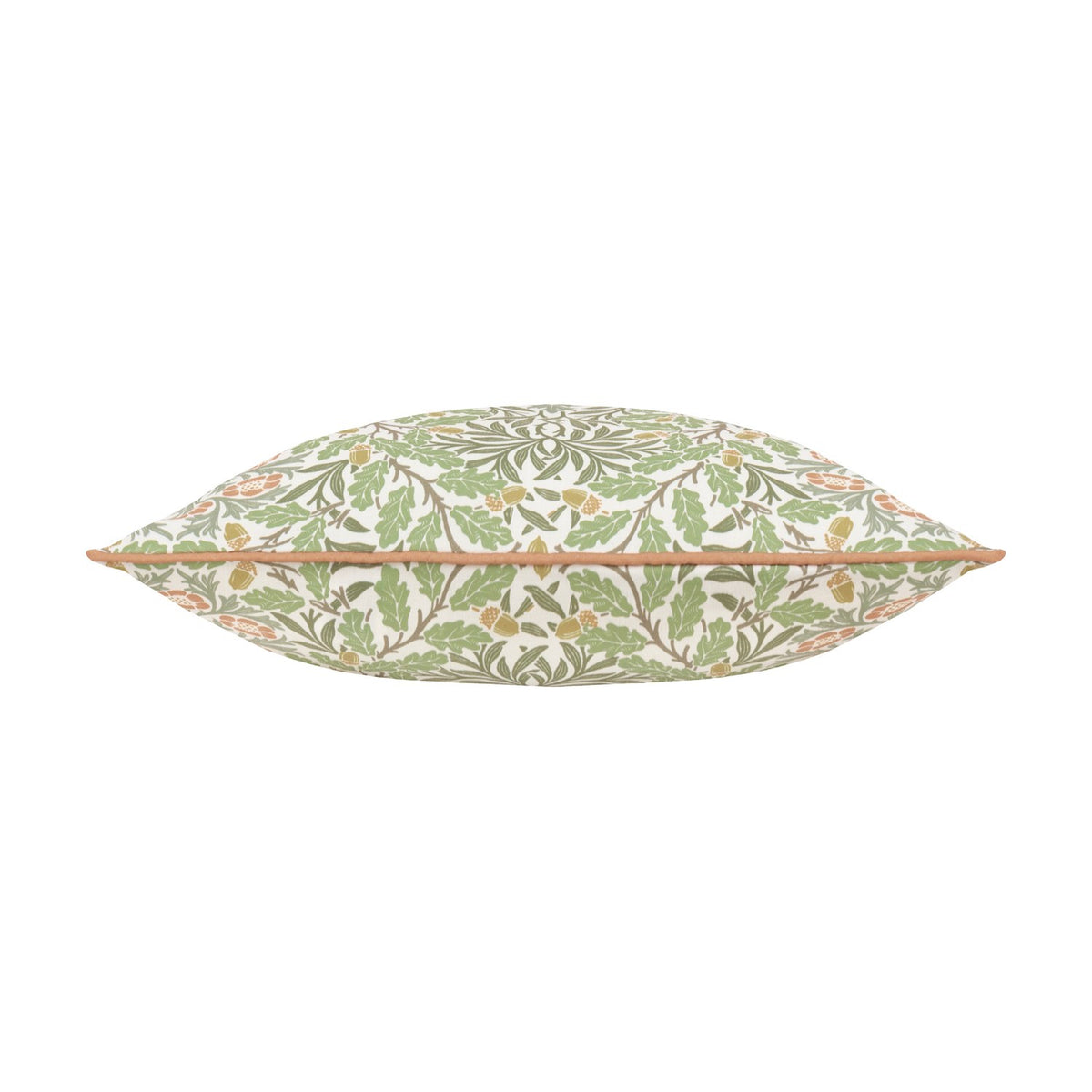Multi Acorn Woodland polyester cushion in Stone/Sage, shown edge-on with oak leaf and acorn print in sage green and terracotta with caramel piping, on a plain white background.