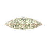 Multi Acorn Woodland polyester cushion in Stone/Sage, shown edge-on with oak leaf and acorn print in sage green and terracotta with caramel piping, on a plain white background.