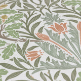 Close-up of the Multi Acorn Woodland polyester cushion fabric, showing oak leaves, acorns and terracotta flowers in sage, olive and stone tones on an off-white ground.