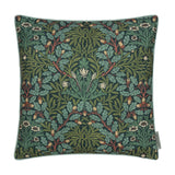 Square polyester cushion in Thyme and Forest green with a dense acorn, oak leaf and branching stem print, finished with matching piping on a white background.
