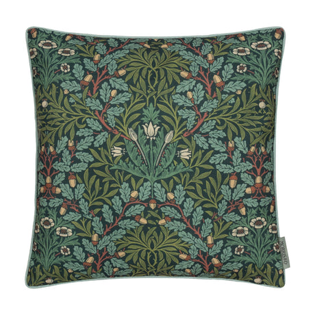 Square polyester cushion in Thyme and Forest green with a dense acorn, oak leaf and branching stem print, finished with matching piping on a white background.