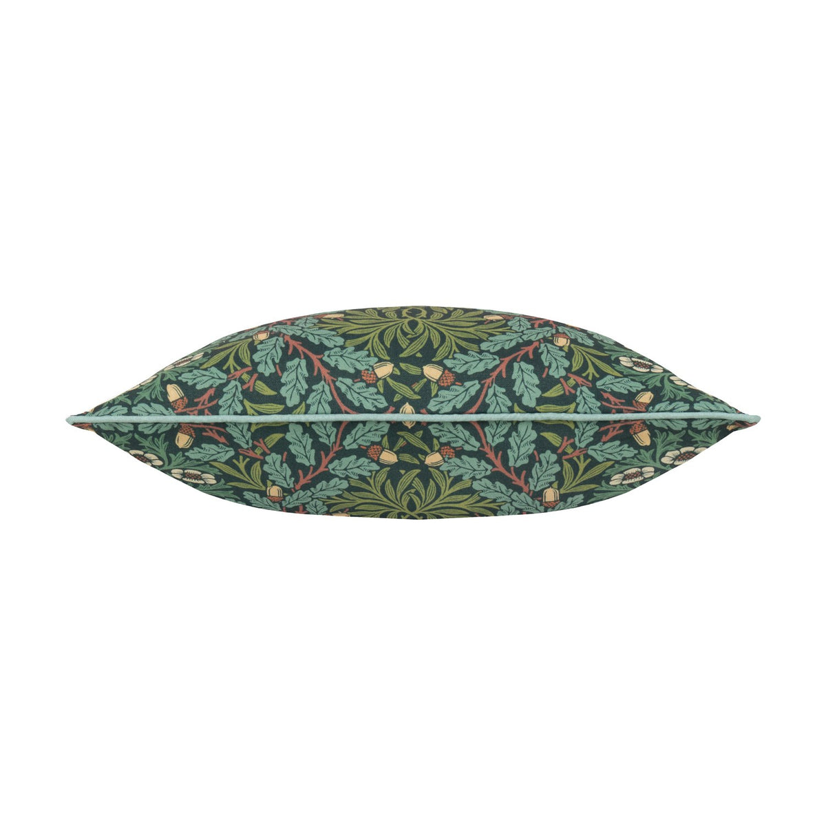 Side view of the Multi Acorn Woodland polyester cushion in Thyme/Forest green, showing an acorn and oak leaf print with sage piping edge, on a white background.