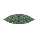 Side view of the Multi Acorn Woodland polyester cushion in Thyme/Forest green, showing an acorn and oak leaf print with sage piping edge, on a white background.