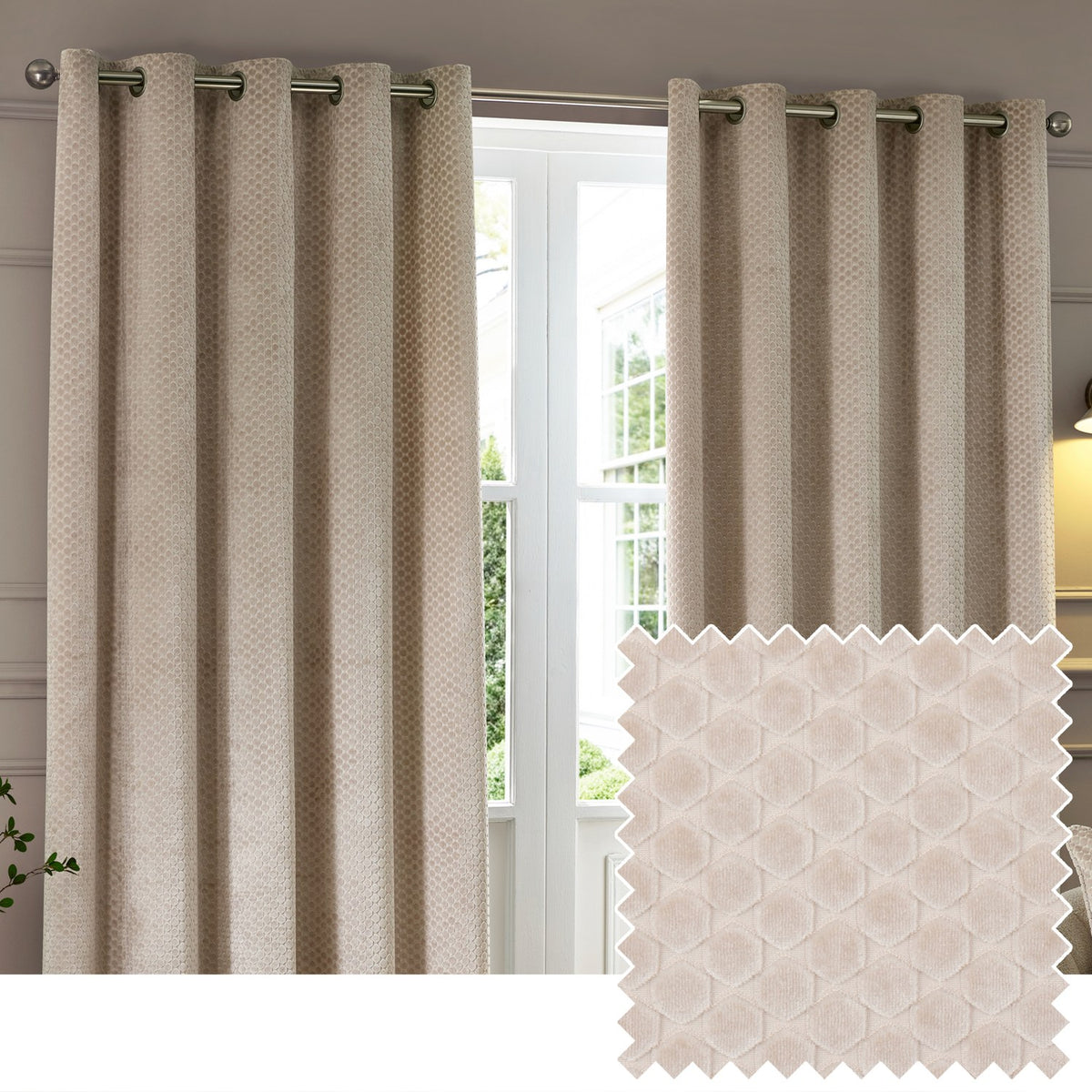 Neptune Velvet Fully Lined Eyelet Curtains in champagne, hung by a window, showing a geometric dot pattern with a fabric swatch inset.