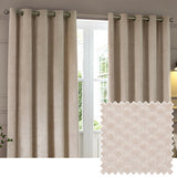 Neptune Velvet Fully Lined Eyelet Curtains in champagne, hung by a window, showing a geometric dot pattern with a fabric swatch inset.