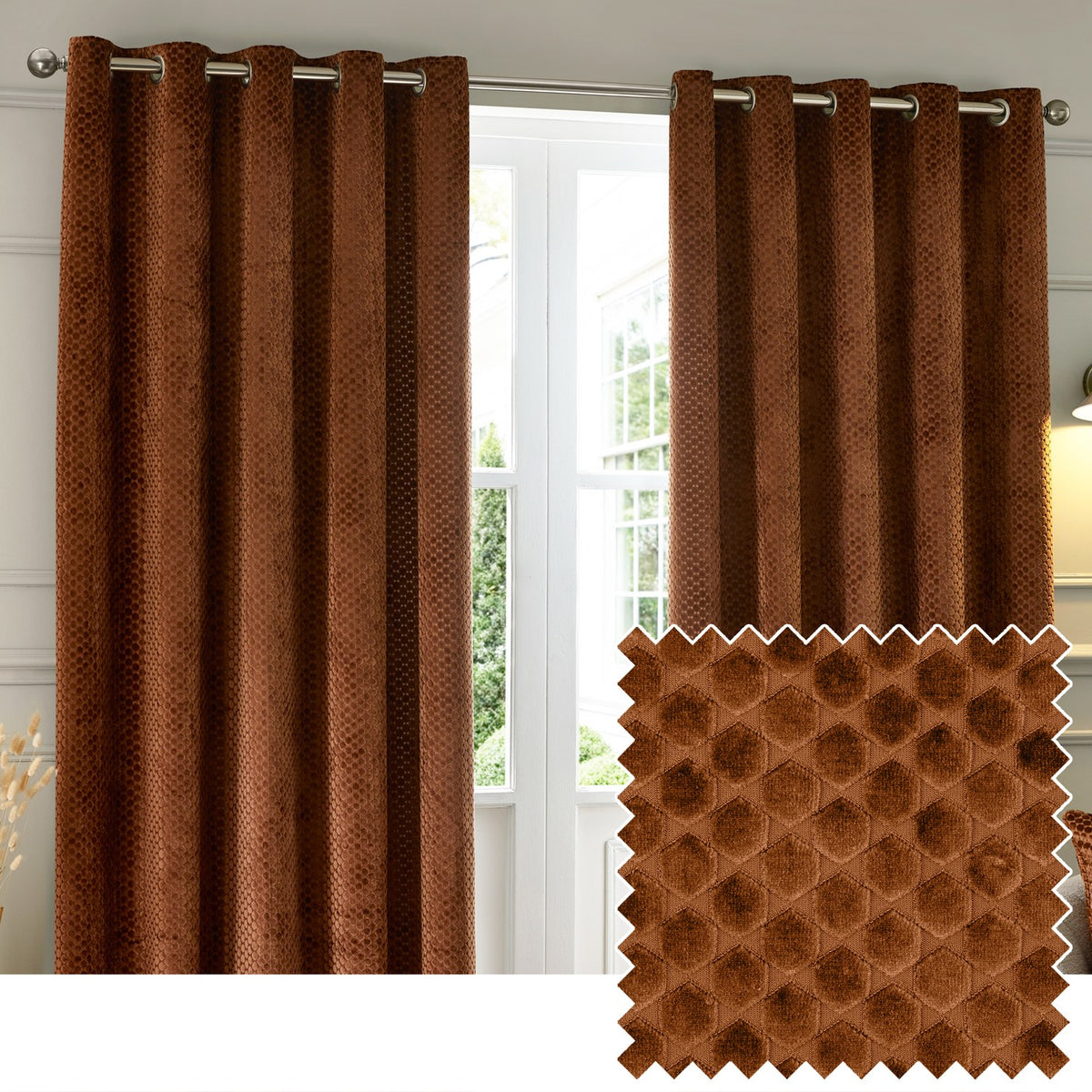 Neptune Velvet Fully Lined Eyelet Curtains in copper hang beside a window, showing a honeycomb-textured velvet pile, with a matching fabric swatch shown inset.