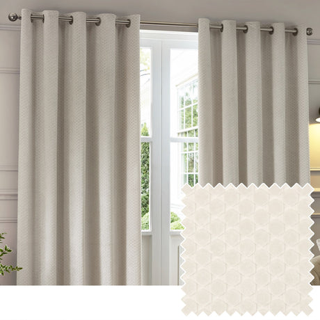 Neptune Velvet Fully Lined Eyelet Curtains in ivory, shown as a pair with grommet headings on a metal pole beside a window, with a honeycomb-textured fabric swatch inset.