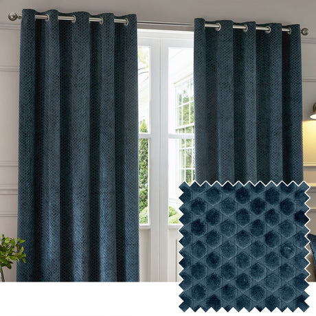 Neptune Velvet Fully Lined Eyelet Curtains in navy, hung on a metal pole in a living room, showing a raised geometric pile pattern with a matching fabric swatch inset.