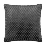 Neptune Geometric Velvet Cushion in charcoal, a square cushion with a raised honeycomb pattern within a fine diamond grid, shown on a plain white background.