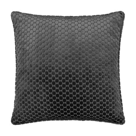 Neptune Geometric Velvet Cushion in charcoal, a square cushion with a raised honeycomb pattern within a fine diamond grid, shown on a plain white background.