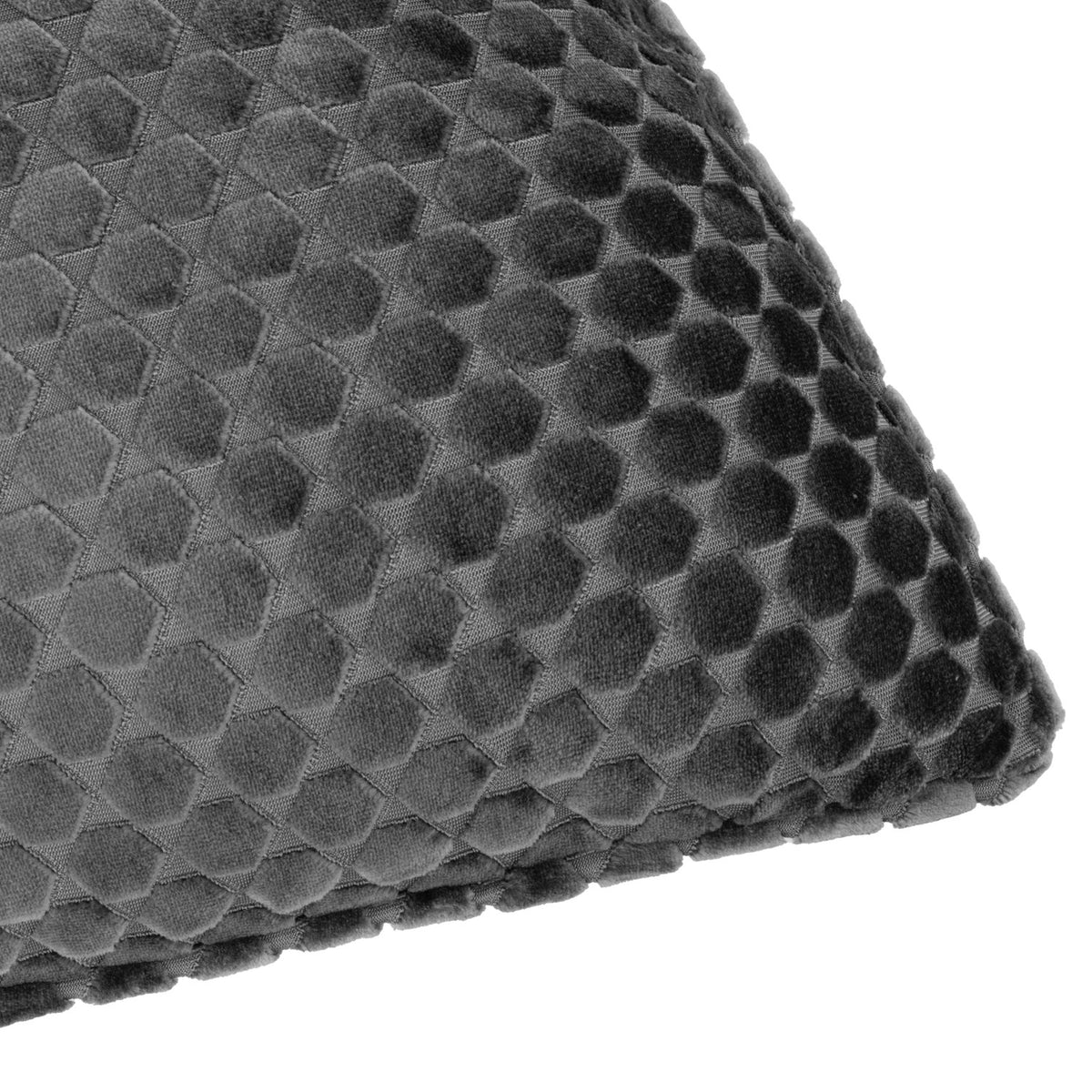 Close-up of the Neptune Geometric Velvet Cushion in charcoal, showing a raised honeycomb pattern set within a fine diamond grid on plush velvet fabric.