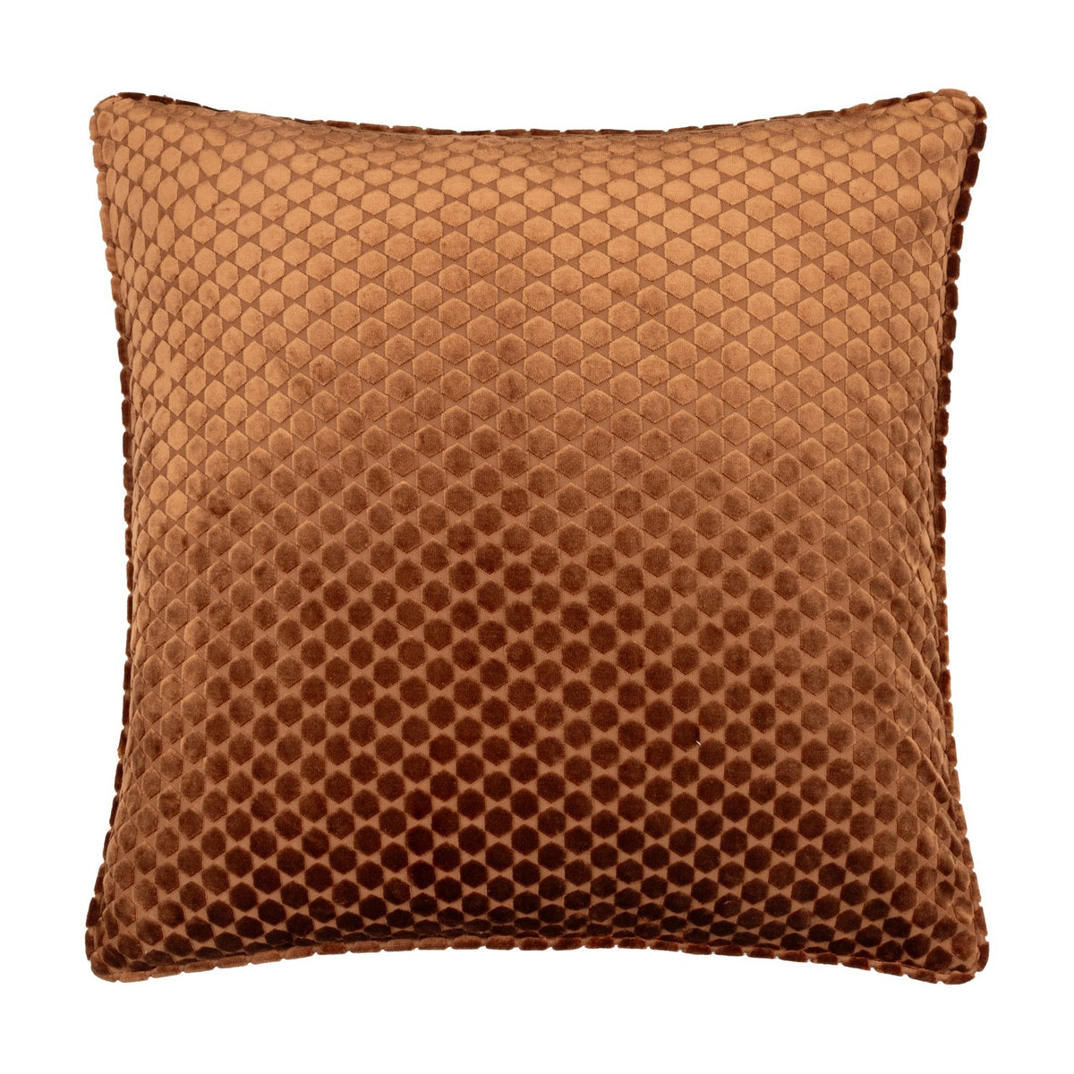 Neptune Geometric Velvet Cushion in copper orange, square with a raised honeycomb pattern shifting between caramel and chocolate tones, shown on a plain white background.