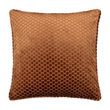 Neptune Geometric Velvet Cushion in copper orange, square with a raised honeycomb pattern shifting between caramel and chocolate tones, shown on a plain white background.