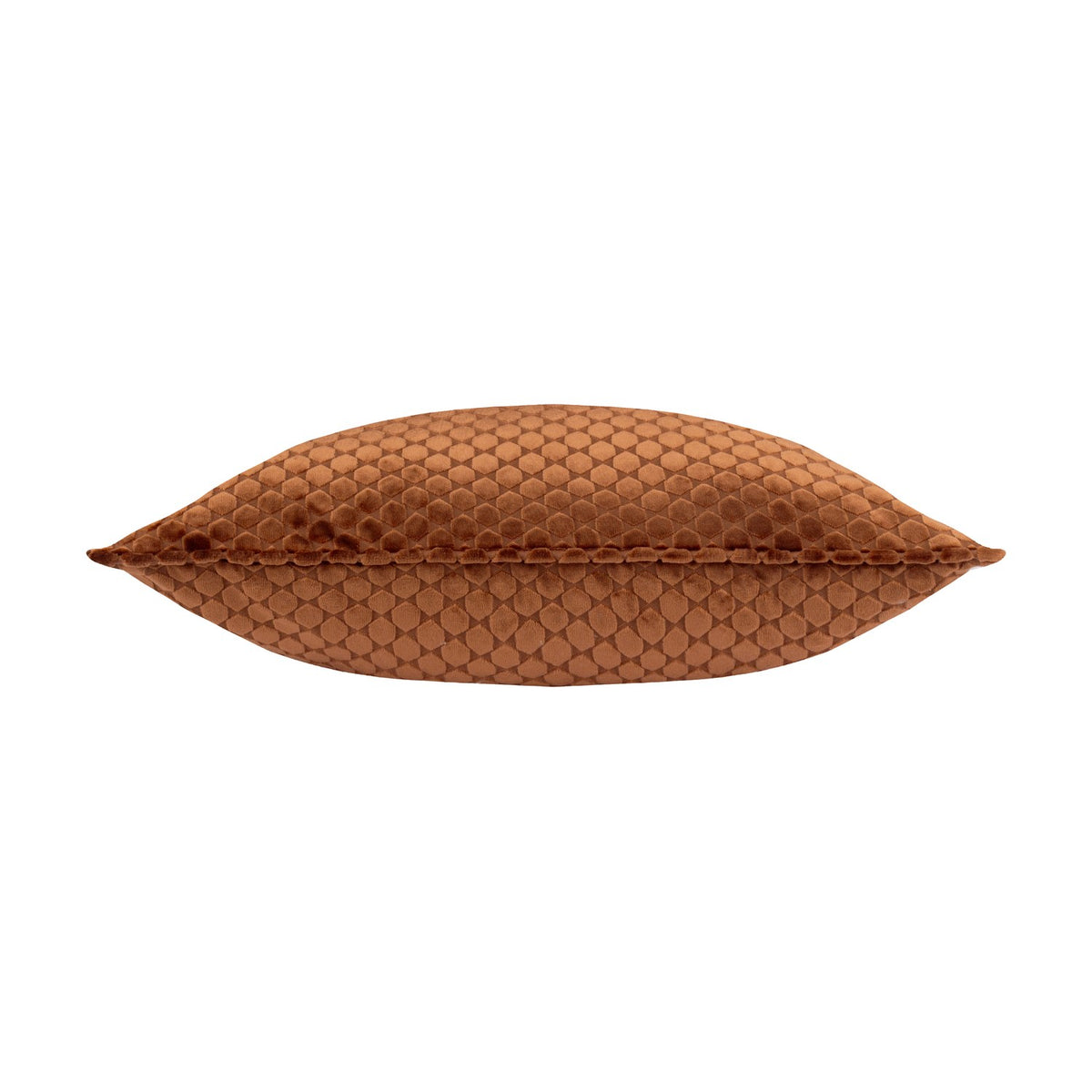 Neptune Geometric Velvet Cushion in copper orange, shown side-on with a visible centre seam and honeycomb-textured velvet pile, set against a plain white background.