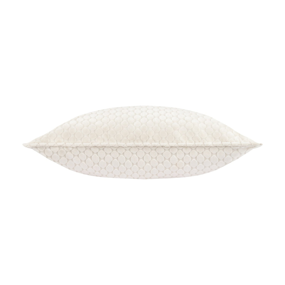 Neptune Geometric Velvet Cushion in ivory, shown side-on to reveal its plump fill, with a raised geometric grid pattern on the velvet cover, set against a plain white background.