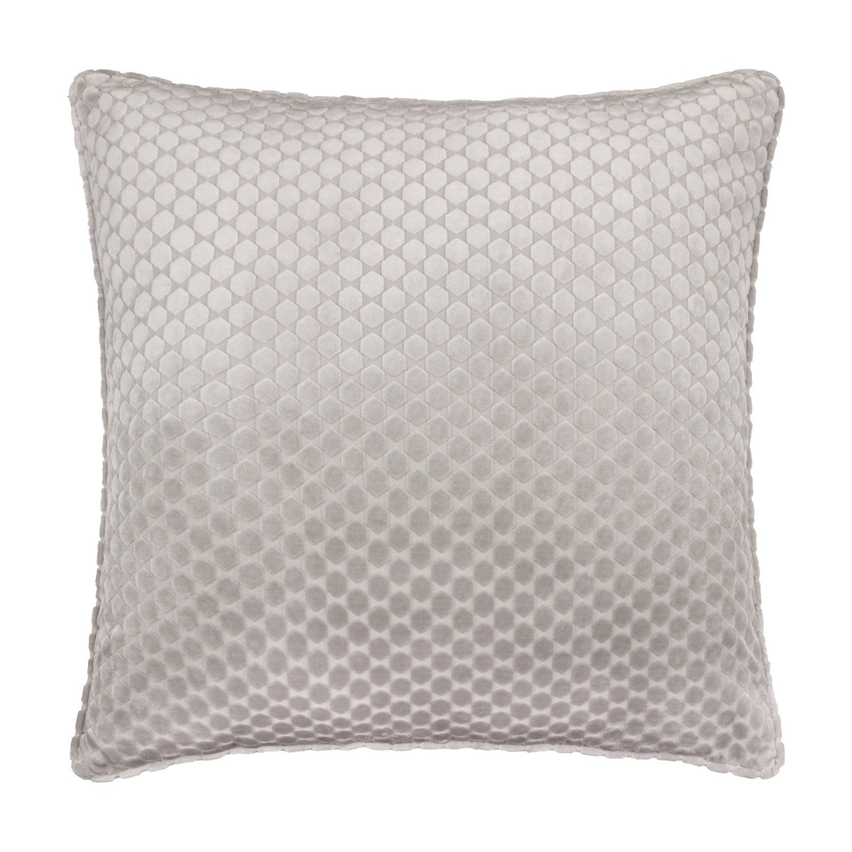Neptune Geometric Velvet Cushion in silver grey, a square polyester velvet cushion with a raised honeycomb dot pattern in a diamond grid, shown on a plain white background.