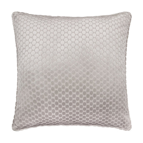 Neptune Geometric Velvet Cushion in silver grey, a square polyester velvet cushion with a raised honeycomb dot pattern in a diamond grid, shown on a plain white background.