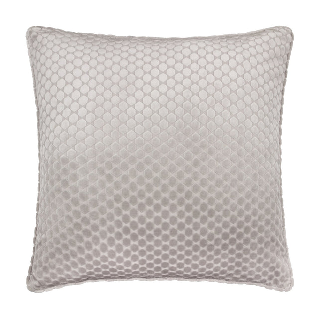 Neptune Geometric Velvet Cushion in silver grey, a square polyester velvet cushion with a raised honeycomb dot pattern in a diamond grid, shown on a plain white background.