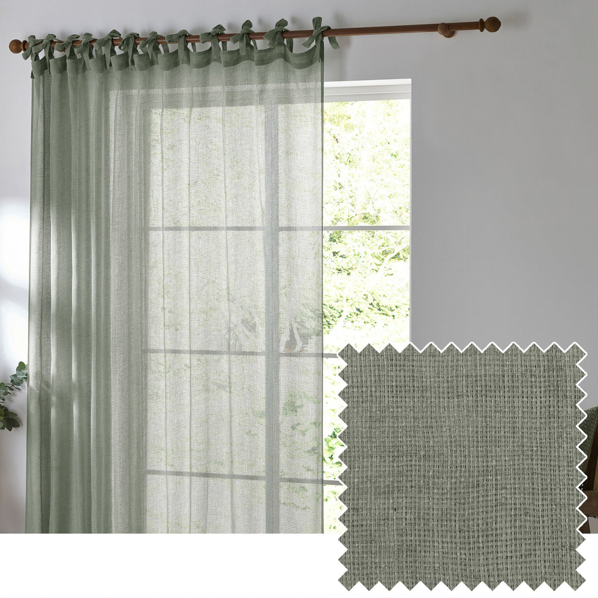 Sheer eucalyptus green tie-top curtain panel hung on a wooden pole beside a bright window, with a fabric swatch showing the woven polyester texture.