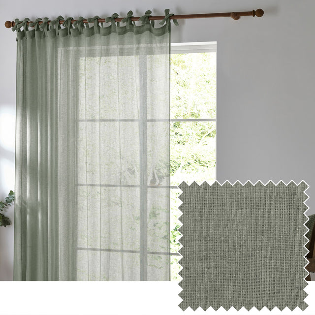 Sheer eucalyptus green tie-top curtain panel hung on a wooden pole beside a bright window, with a fabric swatch showing the woven polyester texture.