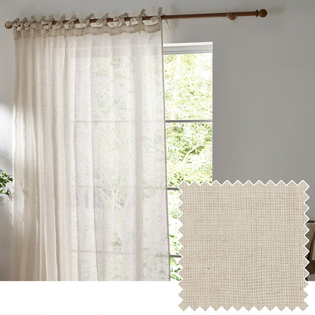 Nimbus sheer tie-top curtain panel in natural polyester on a wooden pole, shown in a living room window with a fabric swatch inset.