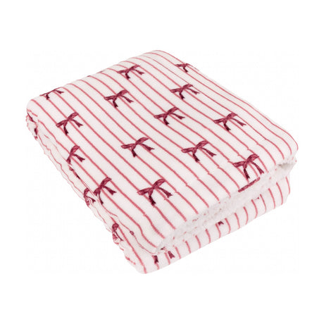 Noortje Bows Silk Throw folded on a white background, showing a fleece face with red bow and stripe print alongside a curly sherpa fleece reverse.