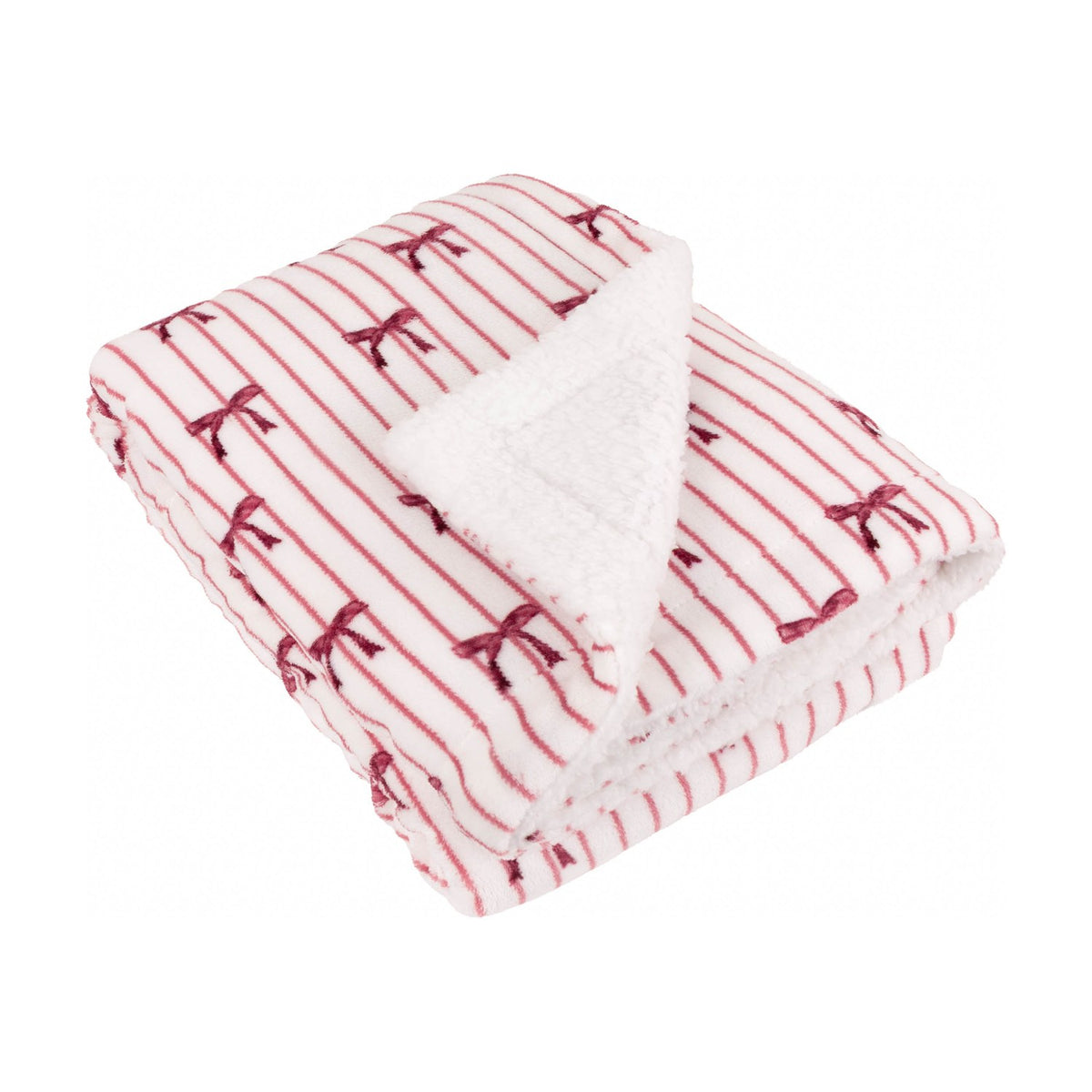 Folded Noortje Bows Silk Throw in pink, with red striped bow print on the face and sherpa fleece reverse visible, shown on a white background.