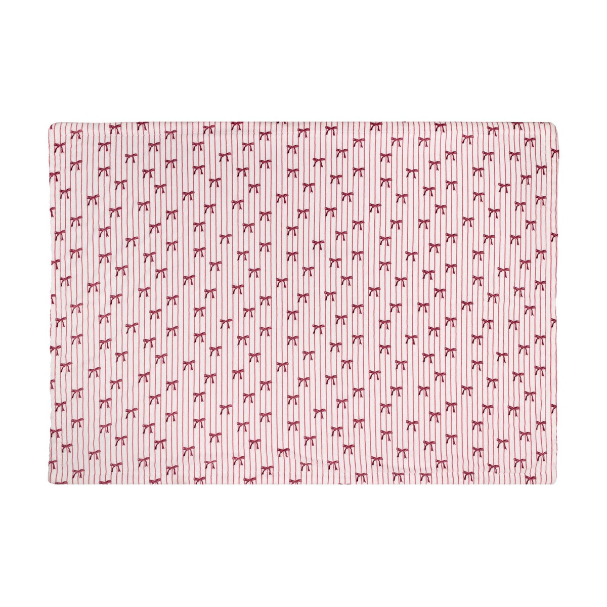 Noortje Bows Silk Throw in pink, folded flat on a white background, showing a fine red vertical stripe pattern with small bow motifs across the fabric.