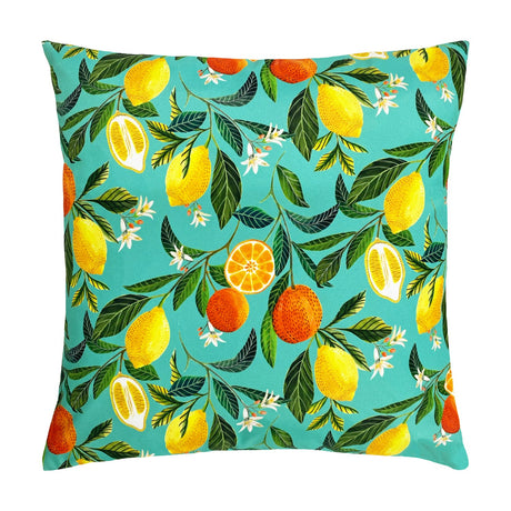 Square polyester cushion in turquoise with a printed pattern of lemons, oranges and orange blossom among green leaves, shown on a plain white background.