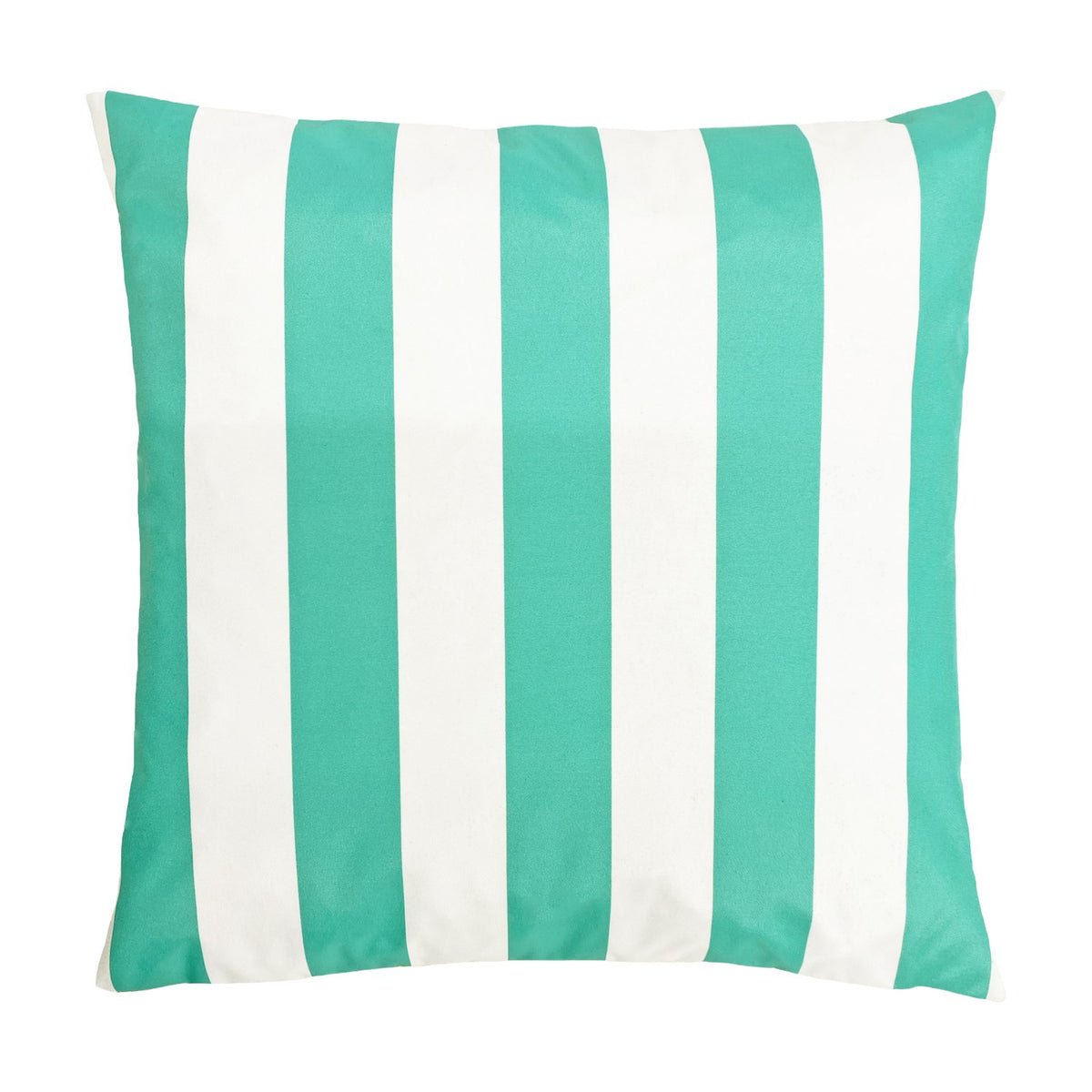 Square polyester cushion in bold teal and white striped design, shown on a plain white background.