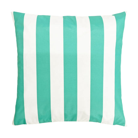 Square polyester cushion in bold teal and white striped design, shown on a plain white background.