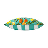 Side view of the Orange Blossom Abstract Polyester Cushion showing a pointed edge, turquoise fruit-print fabric on one side, and a teal-and-white striped reverse, on a white background.