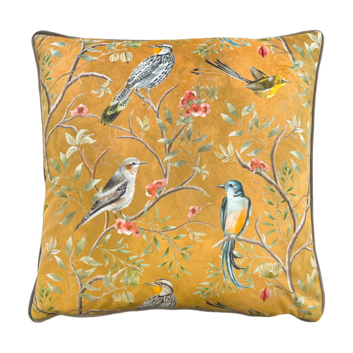 Orient Animal Velvet Cushion in gold, square with piped edges, featuring five hand-painted tropical birds among floral branches on a plain white background.