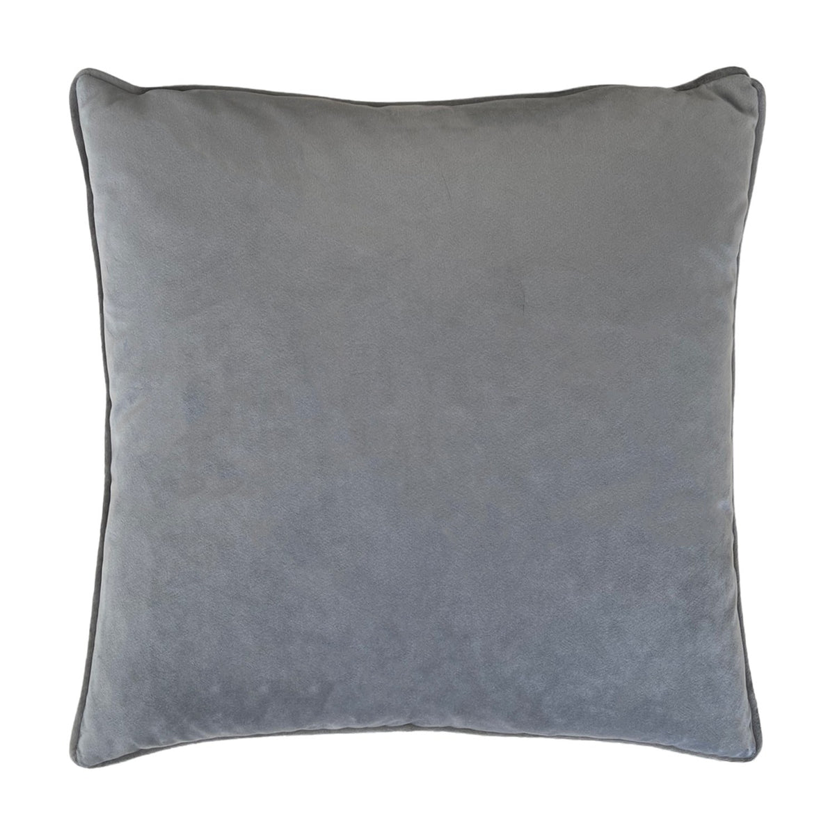 Plain grey velvet square cushion with piped edge trim, shown against a white background, back view of the Orient Animal Velvet Cushion.
