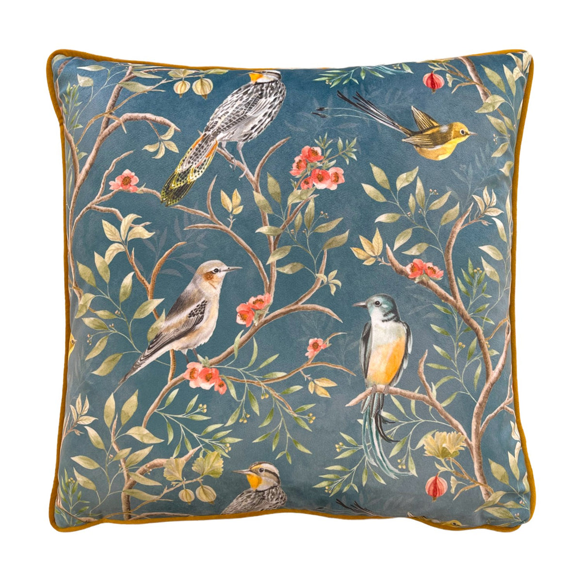 Orient Animal Velvet Cushion in slate blue, square with gold piping, featuring a chinoiserie print of five perched birds among branches and pink blossom on a plain background.