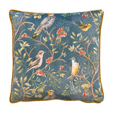 Orient Animal Velvet Cushion in slate blue, square with gold piping, featuring a chinoiserie print of five perched birds among branches and pink blossom on a plain background.