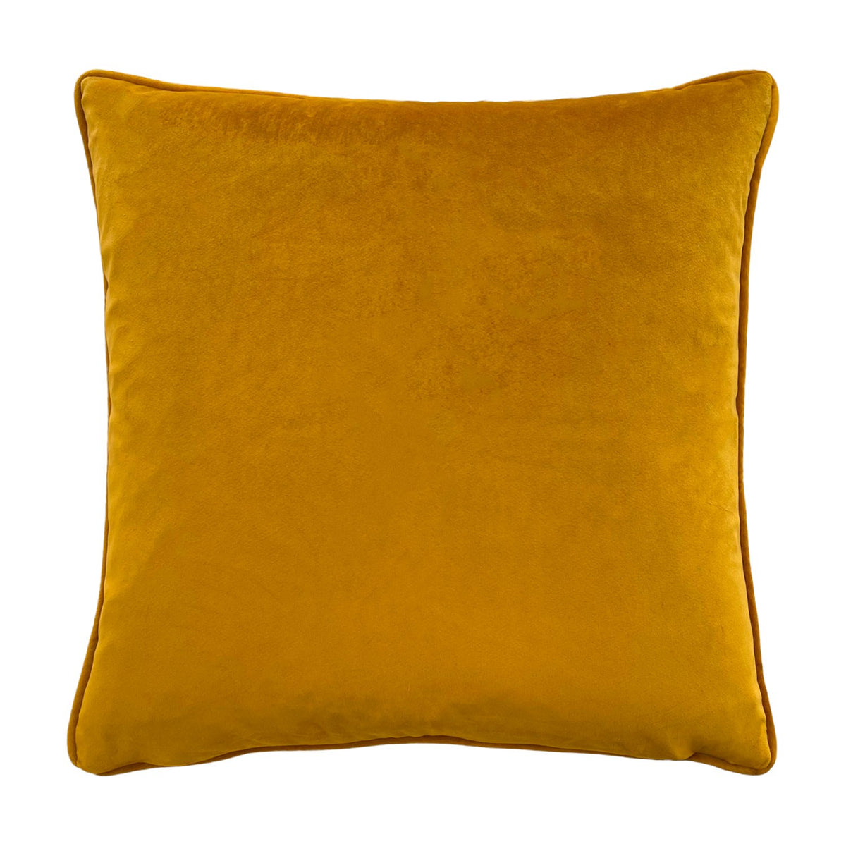 Square mustard-yellow velvet cushion with piped edging, shown plain-backed against a white background.