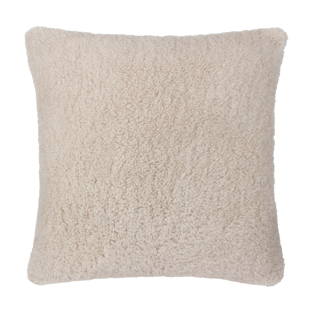 Square Olann cushion in natural beige with a dense, curly faux shearling pile face, shown against a plain white background.