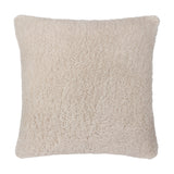 Square Olann cushion in natural beige with a dense, curly faux shearling pile face, shown against a plain white background.